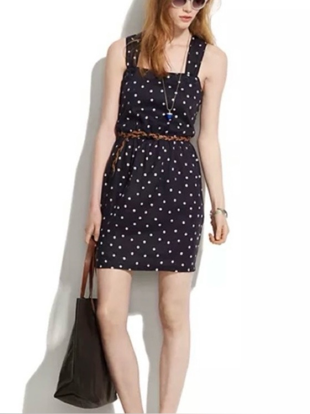 Sessun Walk With Me Linen Women’s Navy Polka Dot Pinafore Style Sundress M